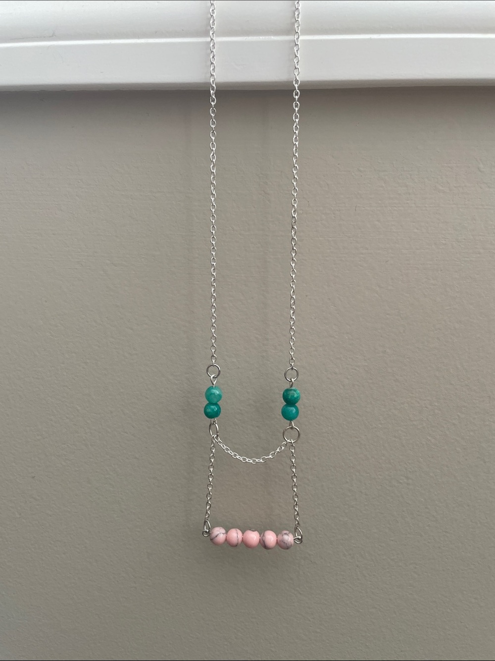 Pink and lite green turquoise round gemstone square Necklace.